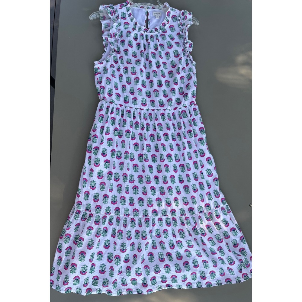 J.Crew Cotton Print Floral Ruffle Midi Dress Pink Green White Size 10